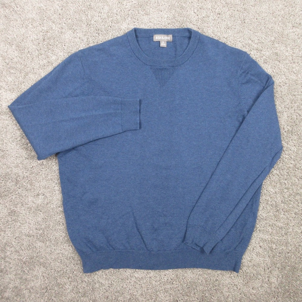 Ash & Erie Sweater Mens Medium Blue Solid Crewneck Pullover Knit Cotton Comfort